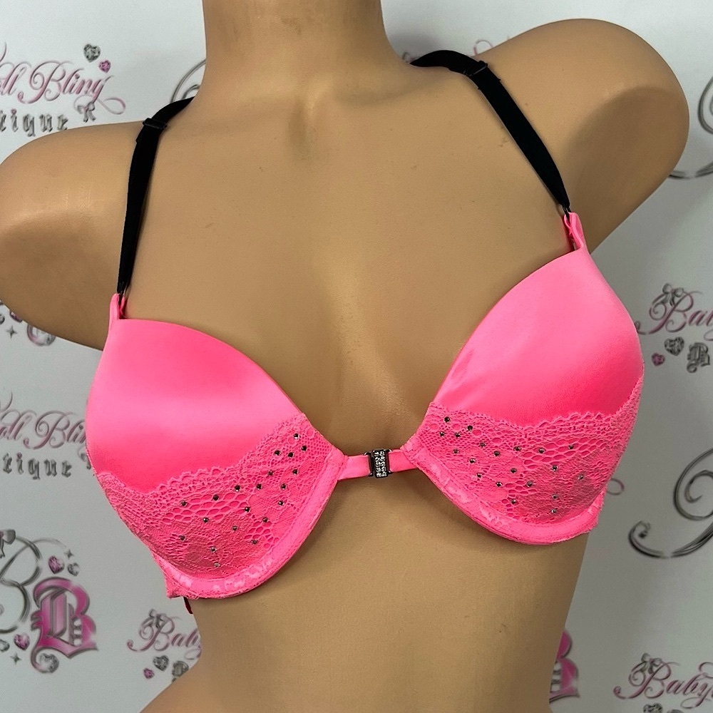 La SENZA bra rhinestone diamonds Hot Pink Lace Bra with Black Straps neon sexy
